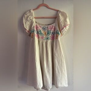 Cream Puff-Sleeve Mini Dress with Multicolor Embroidery